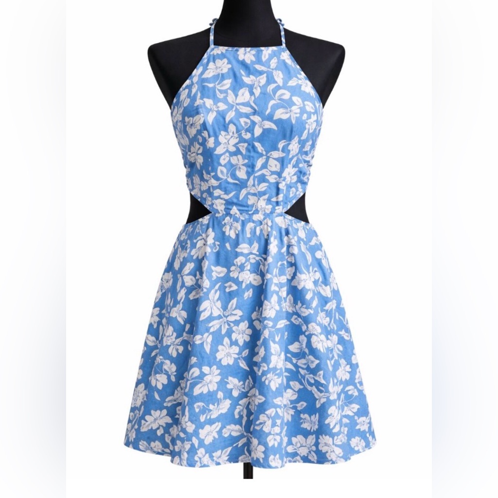 Lulus Summers In Seville Blue Floral Linen Blend Halter Mini Dress Medium M